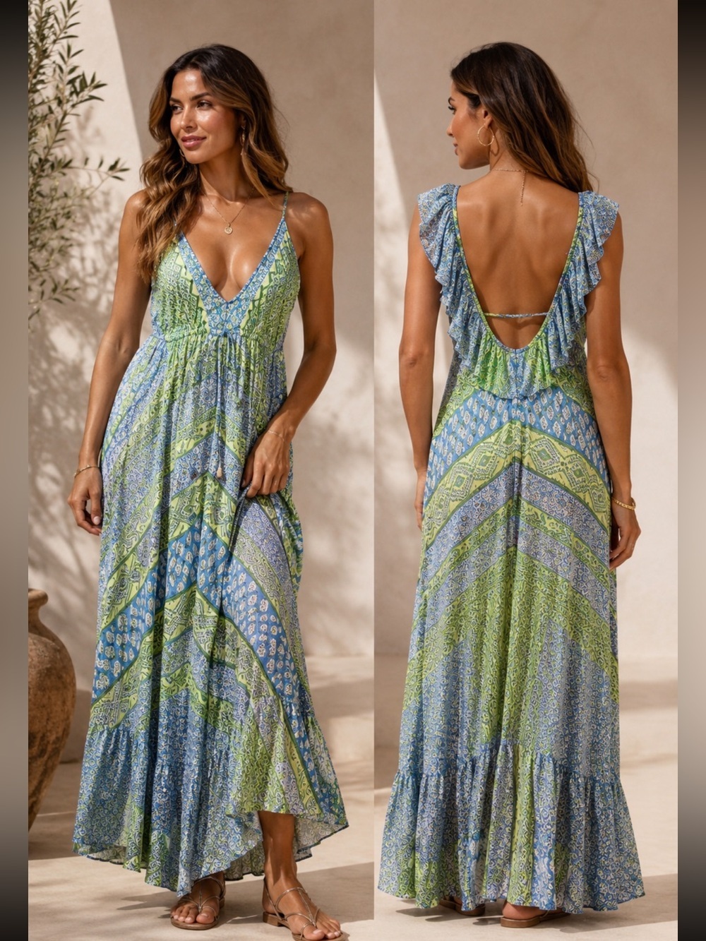ANISA Women’s Open Back V- Neck Maxi Dress 100% silk